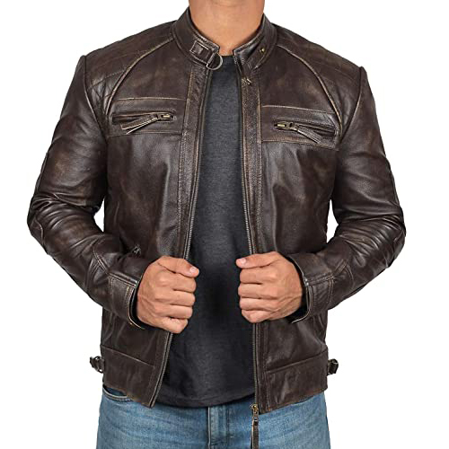 Men's Distressed Dark Brown Cafe Racer Genuine Leather Jacket with Stand Collar