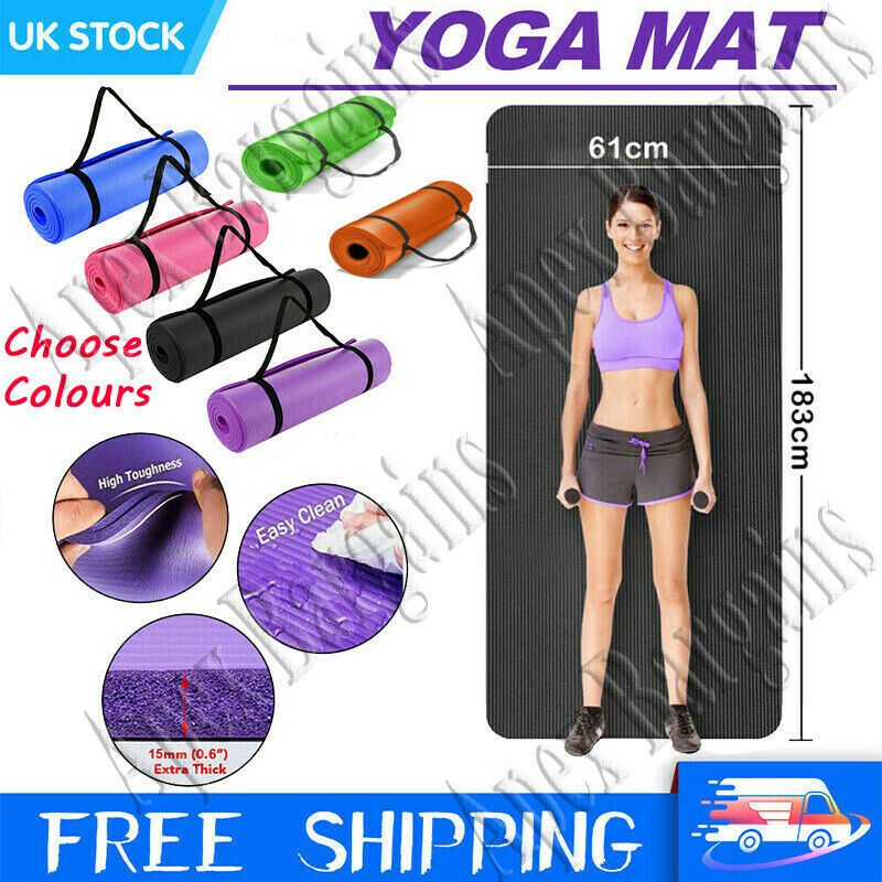 Yoga Mat Large Thick Non Slip With Carrier Strap Exercise Pilates Gym Work Mats. 