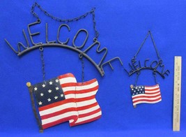 American Flag Welcome Sign Metal Painted Patriotic 4th of July Decor Lot of 2 - £14.03 GBP