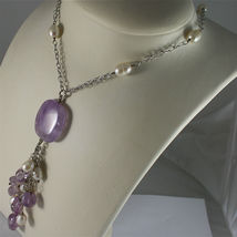 .925 SILVER RHODIUM NECKLACE, AMETHYST,ROUND PEARLS, 19,69 In, FALLING PENDANTS. image 5