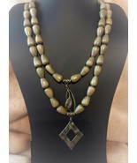 Beaded 2 Tier Leather Necklace/Hammered Bronze Rhombus/Antique Brass Lea... - $27.95