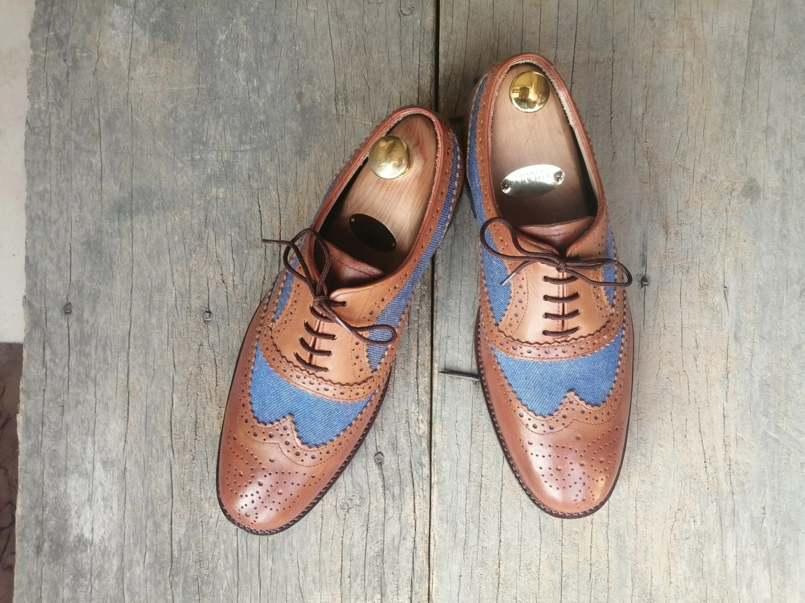 Men’s Brown & Blue Leather & Denim Shoes, Men’s Wing Tip Brogue Shoes ...