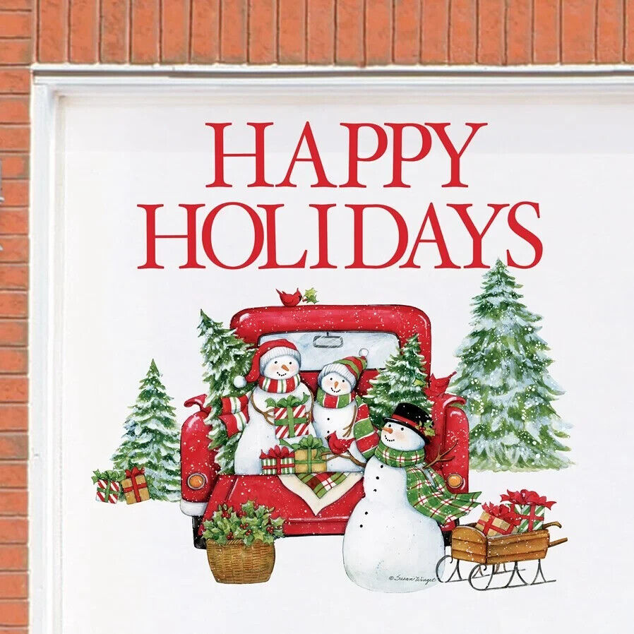 Happy Holidays Snowman Family & Red Truck Christmas Garage Door Cover Magnets