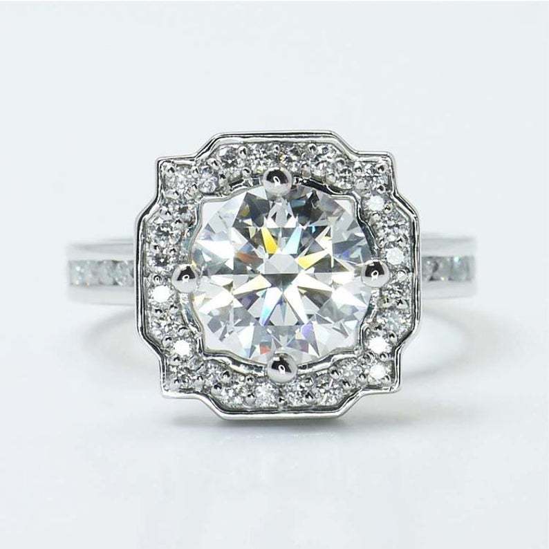 Unique 2.00ct White CZ Round Cut Channel Pave Halo Engagement in 925 Silver Ring