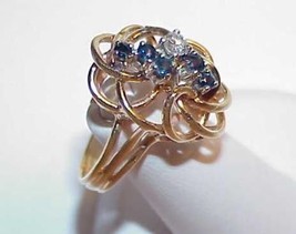 10k 5 Blue Sapphire .15ct Diamond Weave Ring Size 7+ Yellow Gold Retro S... - $485.09