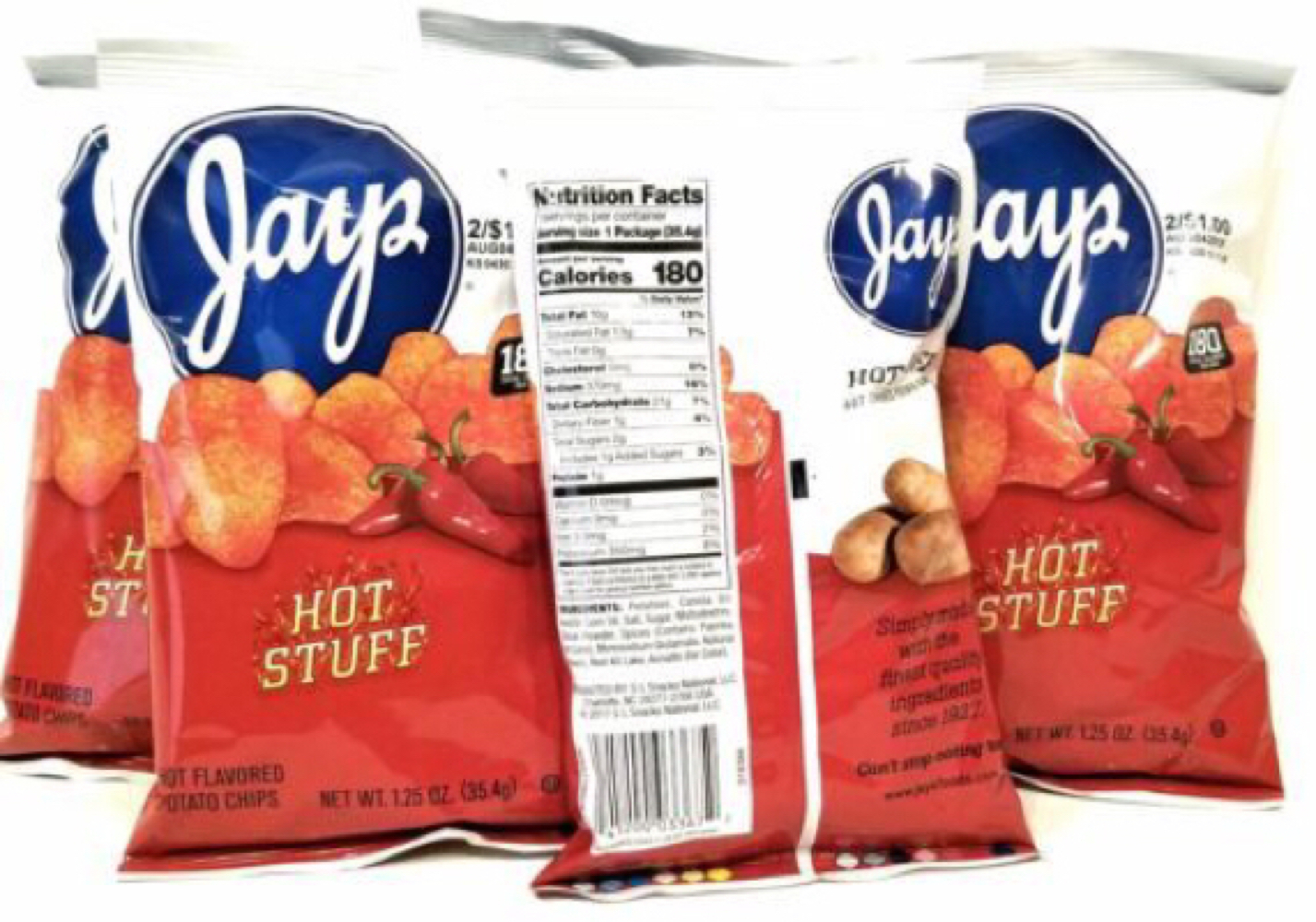 JAY'S HOT STUFF Potato Chips A Chicago Original 5 Pack 1.25oz bags Chips