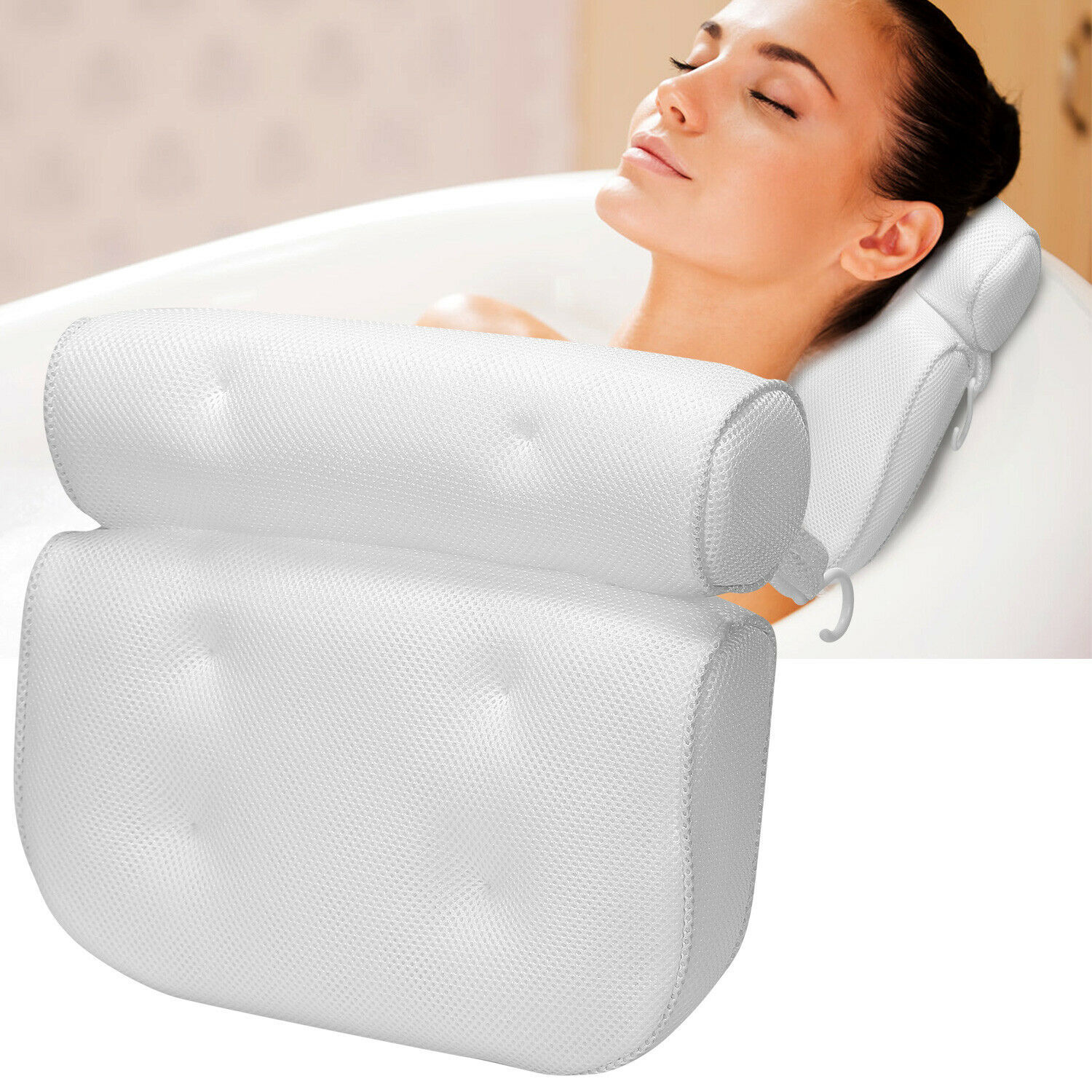Spa Bathtub Pillow 3D Mesh Neck Head Support Relax Home Massage Cushion W/Hook