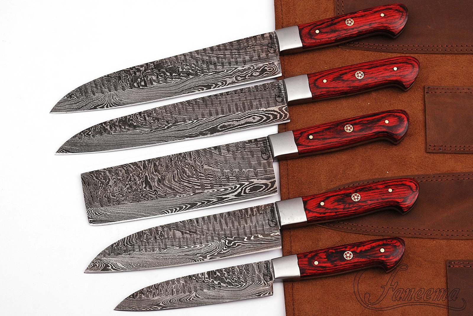 Custom Handmade Damascus 5-Piece Kitchen Knife Set with Red Pakkawood