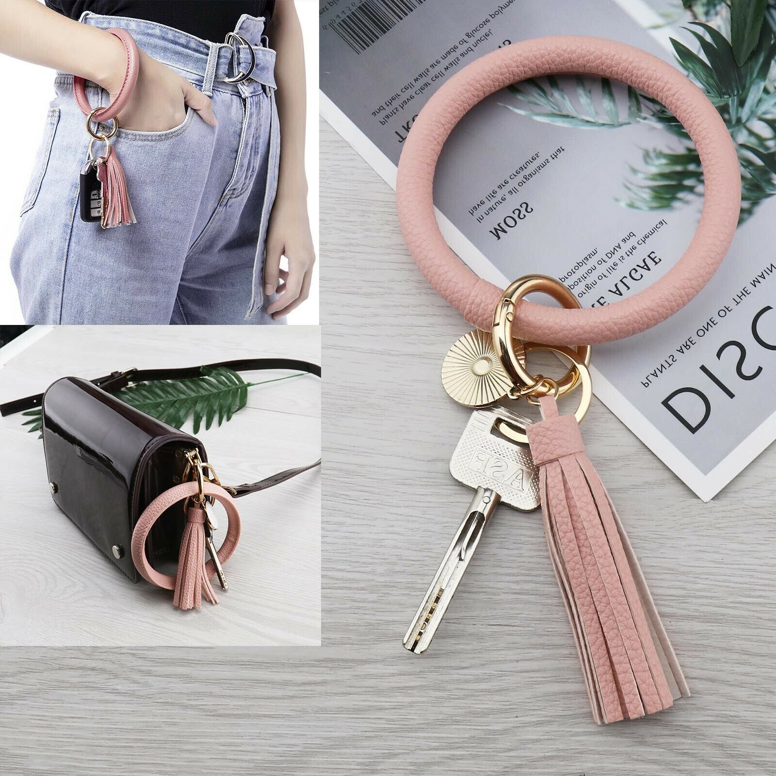 Key Chain Circle Tassel Corlor Wristlet Bracelet Women Girl Key Ring