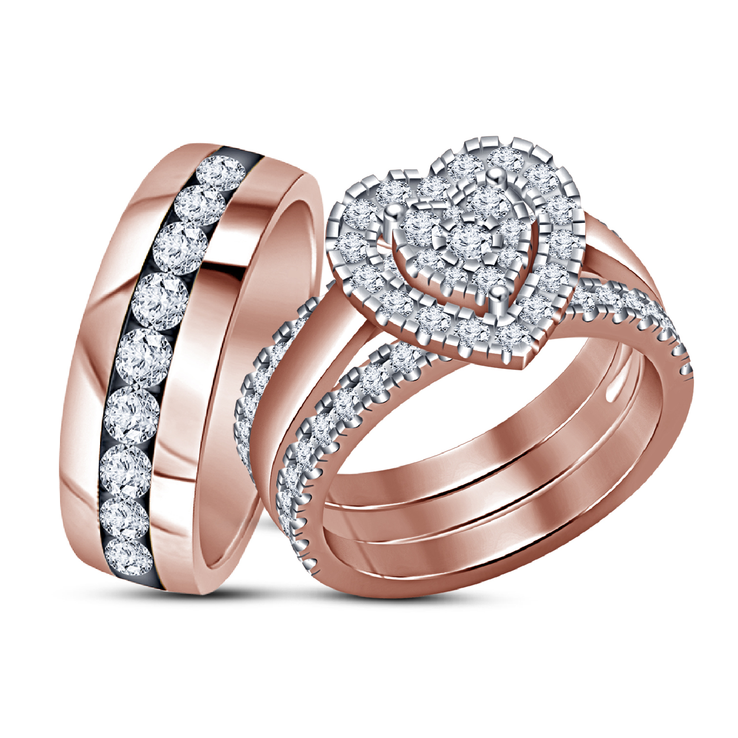 His And Hers Wedding Bands  and Her  Ring  Rose Gold  Finish 