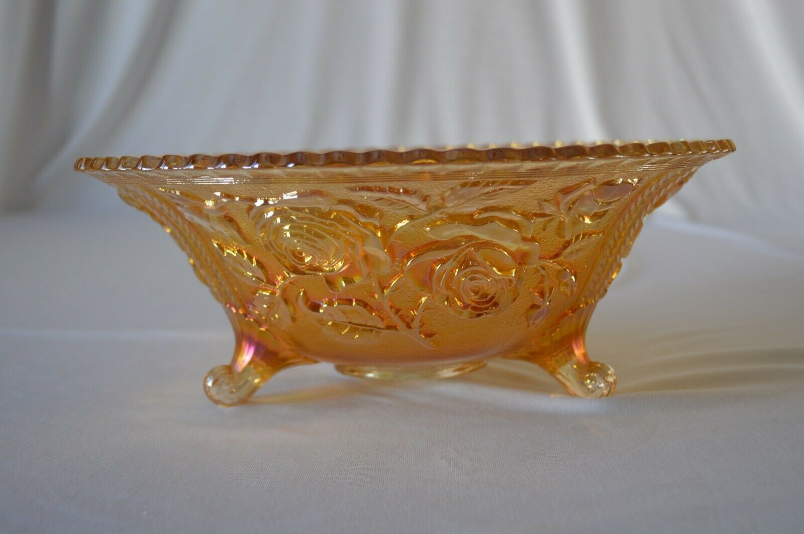 Marigold Carnival Glass Open Rose/Lustre Rose Patterned Vintage Footed Bow Imperial Glass Co. 1930's c