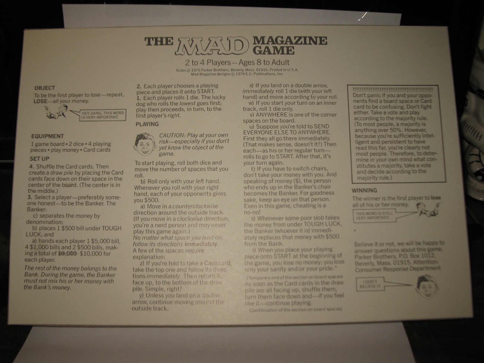 1979 MAD Magazine Board Game piece: Instructions Insert
