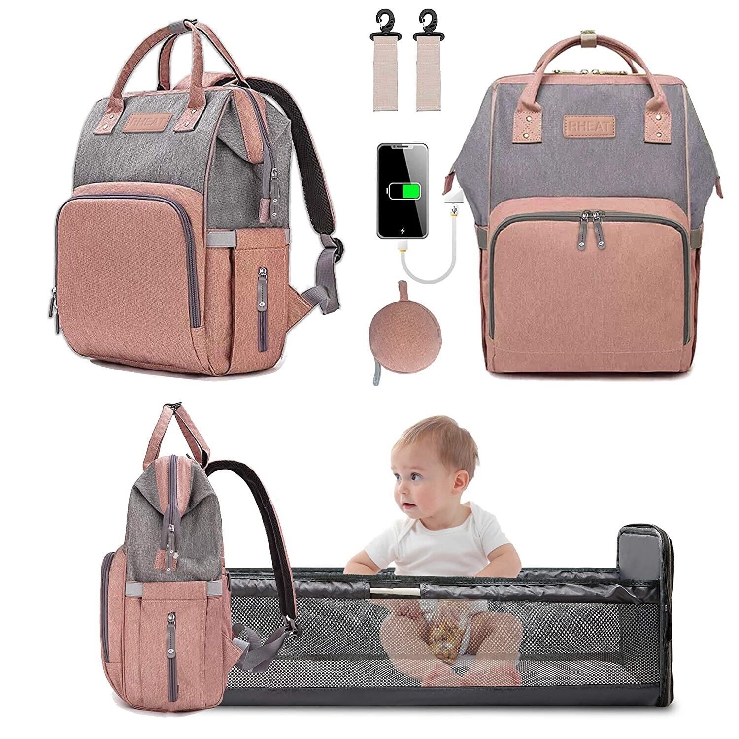 Diaper Bag 3 in 1 Backpack with USB Charge Port, Portable Baby Bed Diaper Bag