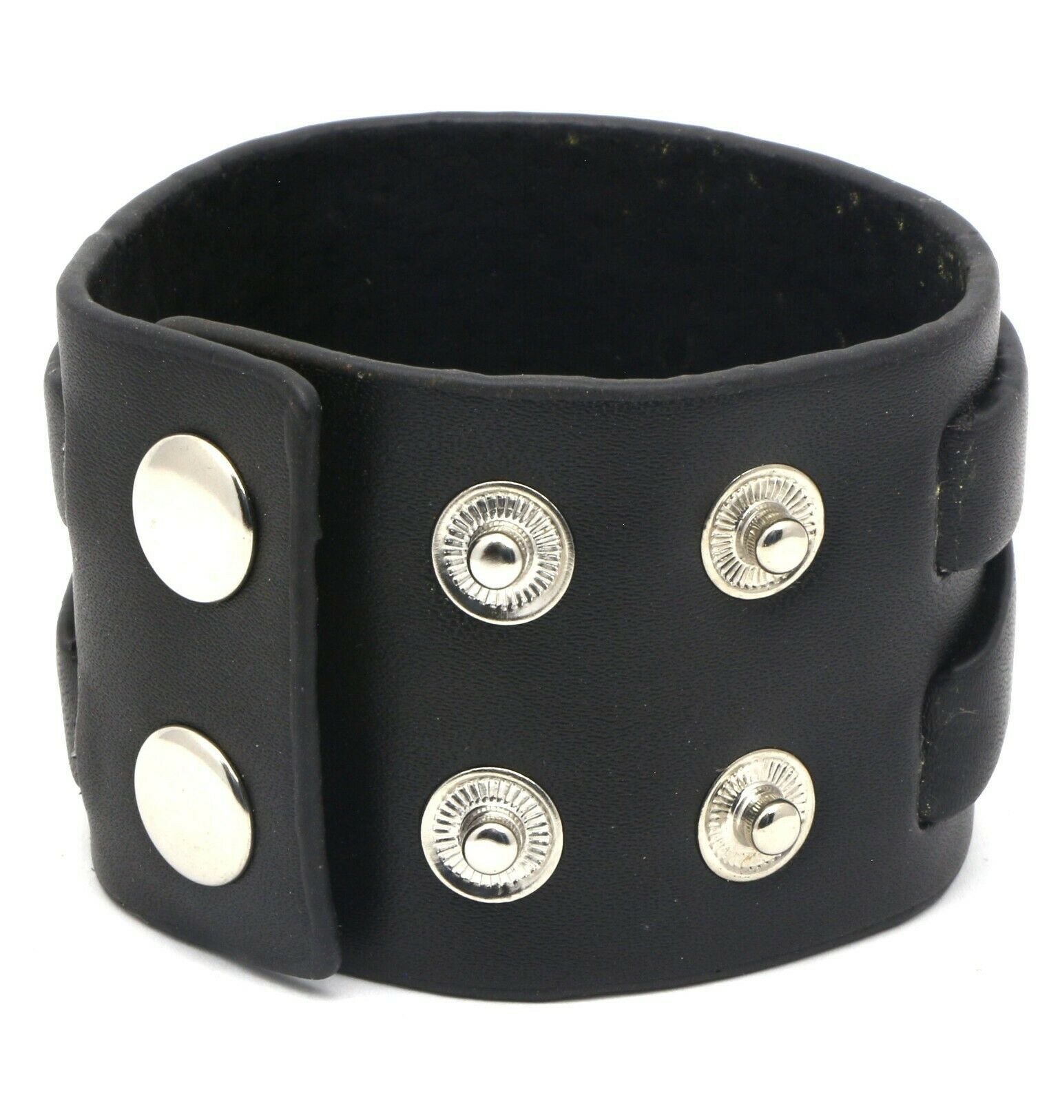 Black Leather Snap Button Bracelet with Double Straps - Fashion Jewelry