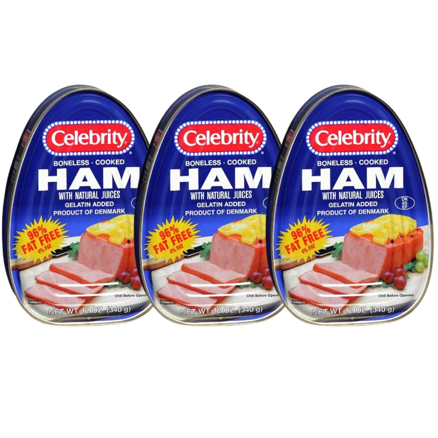 3 Cans Celebrity Boneless Cooked Ham with Natural Juices 12 oz