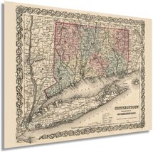 1859 Connecticut State Map with Portions of New York &amp; Rhode Island - Vi... - $34.99+
