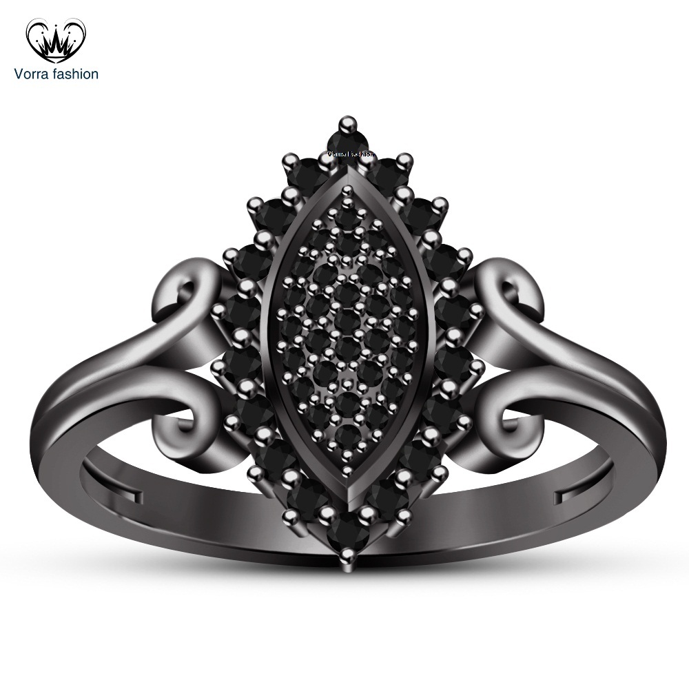 Black Gold Finish 925 Silver Round Cut Diamond Marquise Shape Engagement Ring