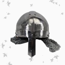 Queen Brass Medieval Steel Viking Nasal Helmet With Chainmail: Hand-Forged Stand