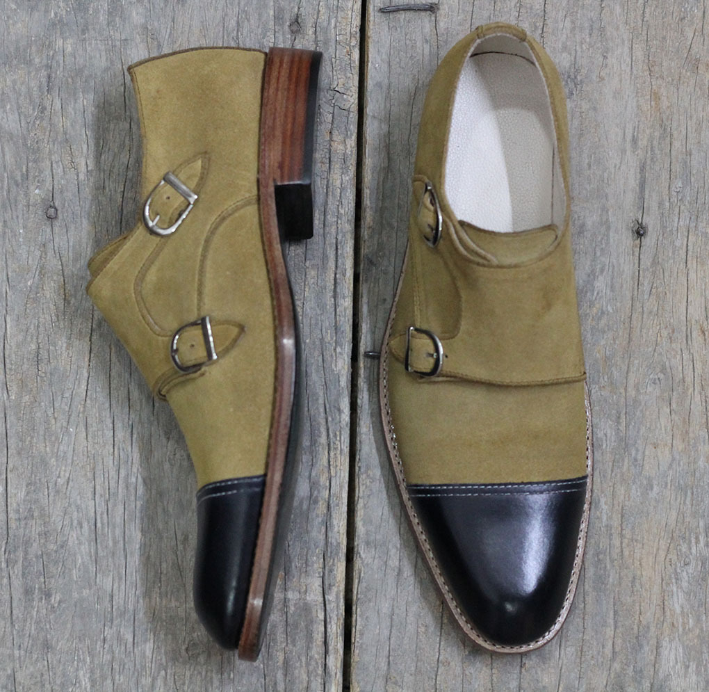 Handmade Men's Leather Suede Cap Toe Shoes,Men Black Tan Double Monk Strap Shoes