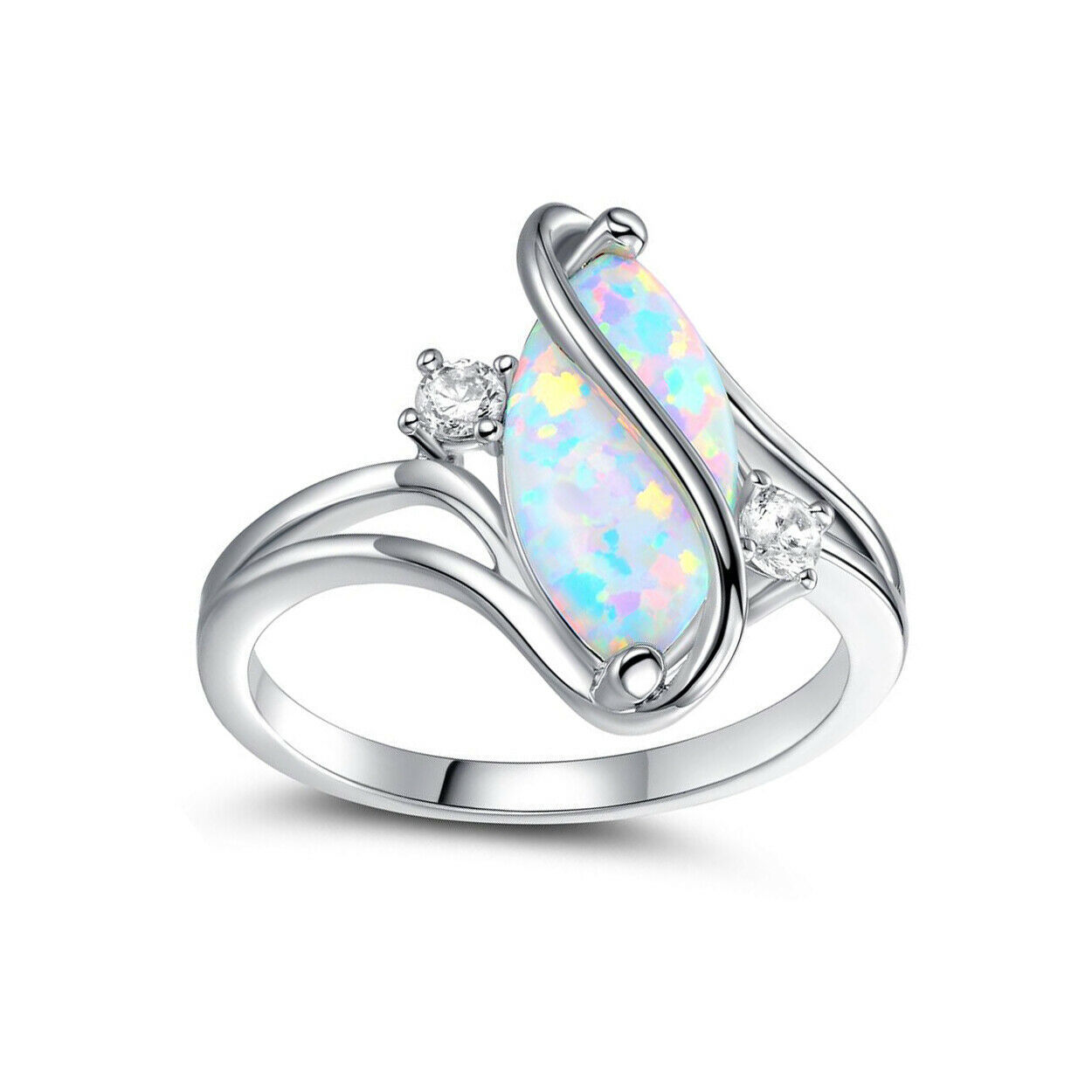 Marquise Opal In Modern 18K White Gold Plated Setting Ring Sizes 6,7,8 ...