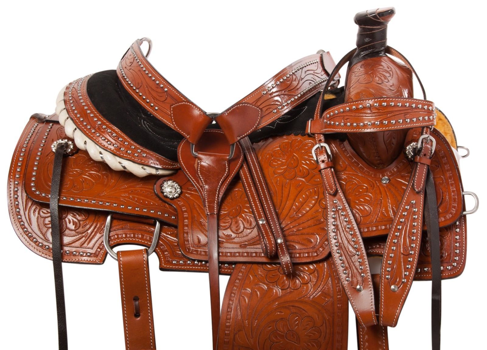 USED 15 16 LEATHER TOOLED WESTERN HORSE ROPING RANCH TRAIL COWBOY ...