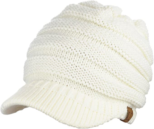 C.C Brand Brim Visor Trim Ponytail Beanie Ski Hat Knitted Messy Bun Cap - White