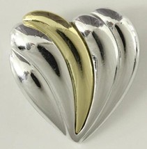 Vintage Costume Jewelry Danecraft Gold & Silver Ribbed Heart Brooch Pin - $12.32