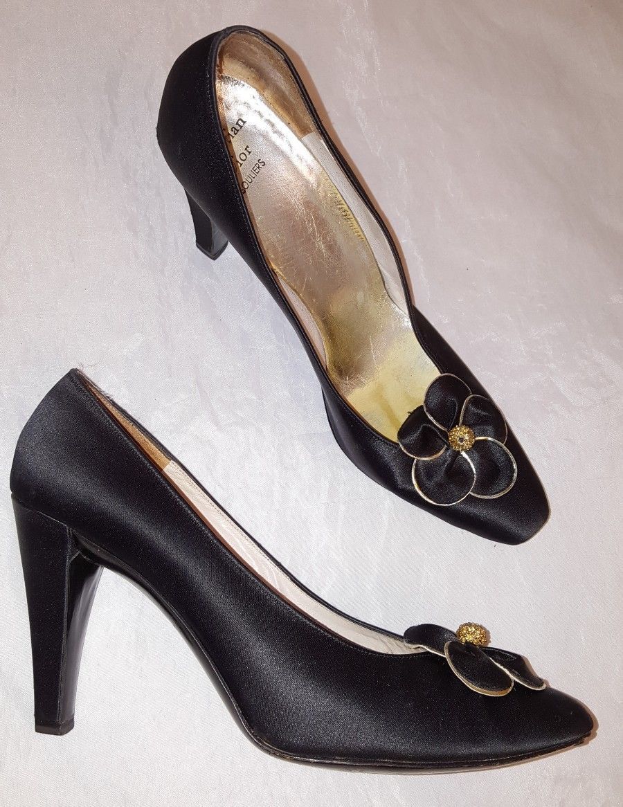 Vintage Christian Dior Souliers Black Satin Gold Flower Decor Pumps