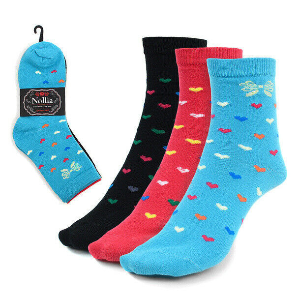 Nollia Women's Crew Socks 3 Pair Black Pink Blue With Hearts Shoe Size 6-9