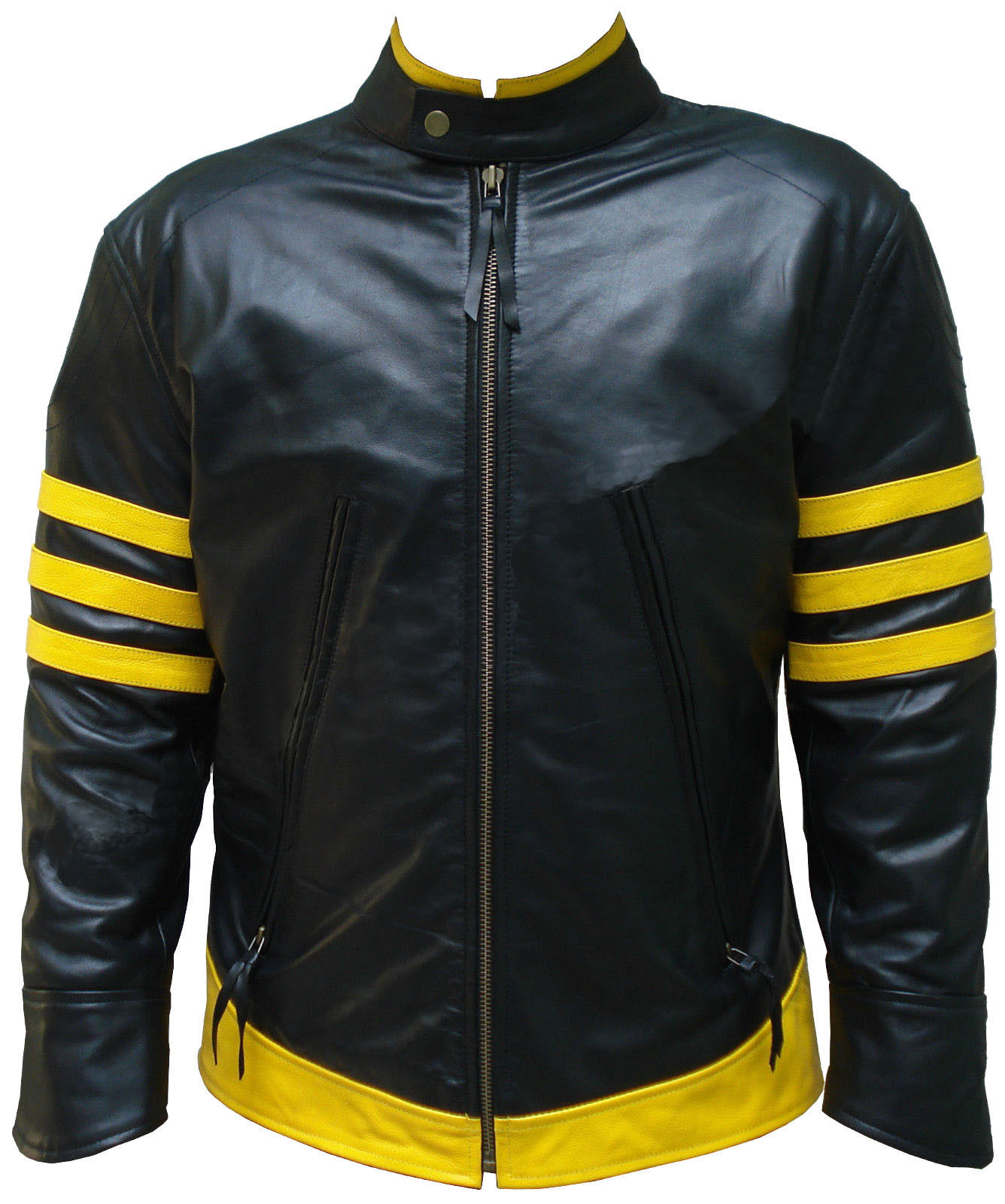 Men Yellow Black Racing Motorcycle Striped Genuine Cowhide Leather Jacket Outerwear