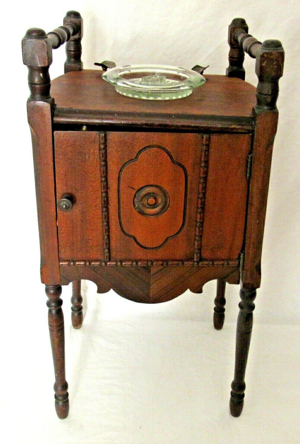 Antique Wood Humidor Smoking Stand Furniture Copper Lined W Ashtray