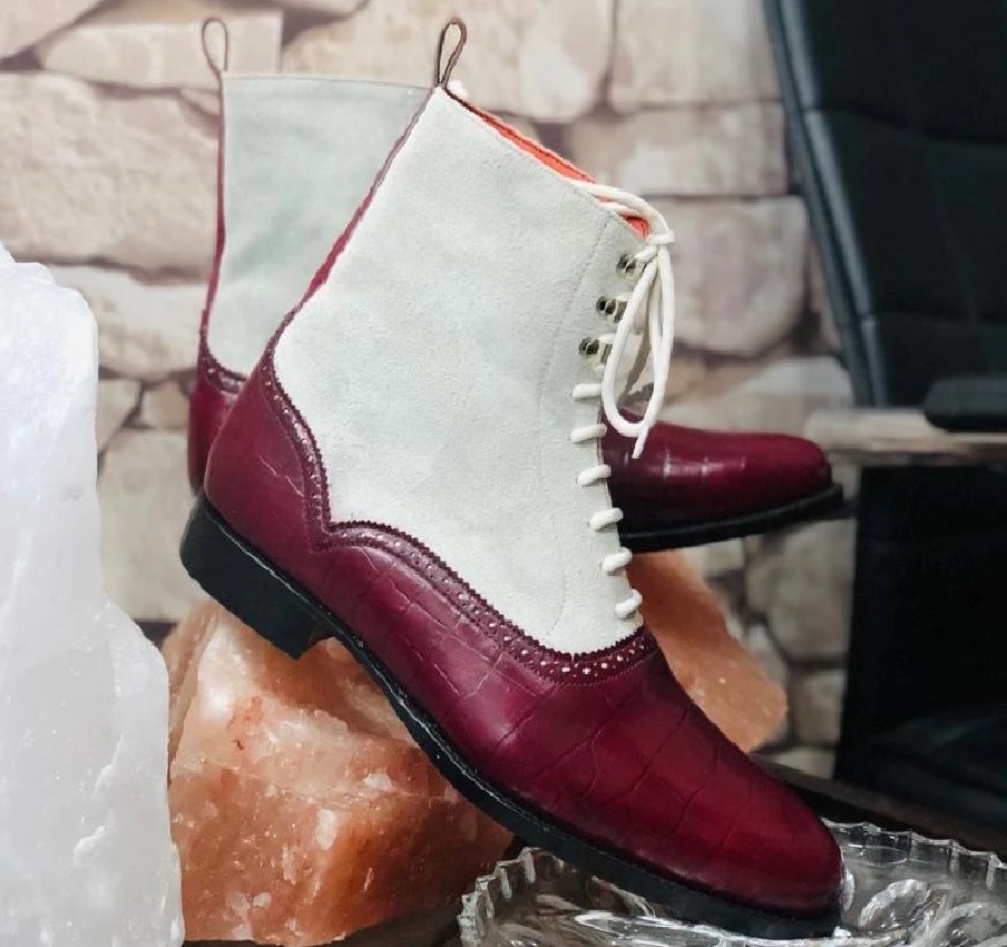 Handmade Men Burgundy White Leather Suede Lace Up Boots, Men Ankle Fashion Boots