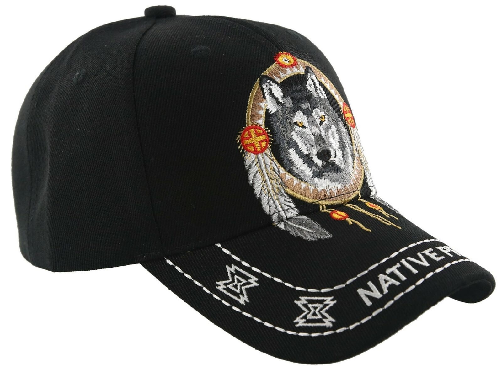 NEW! NATIVE PRIDE INDIAN AMERICAN WOLF FEATHERS CAP HAT BLACK - Men's Hats