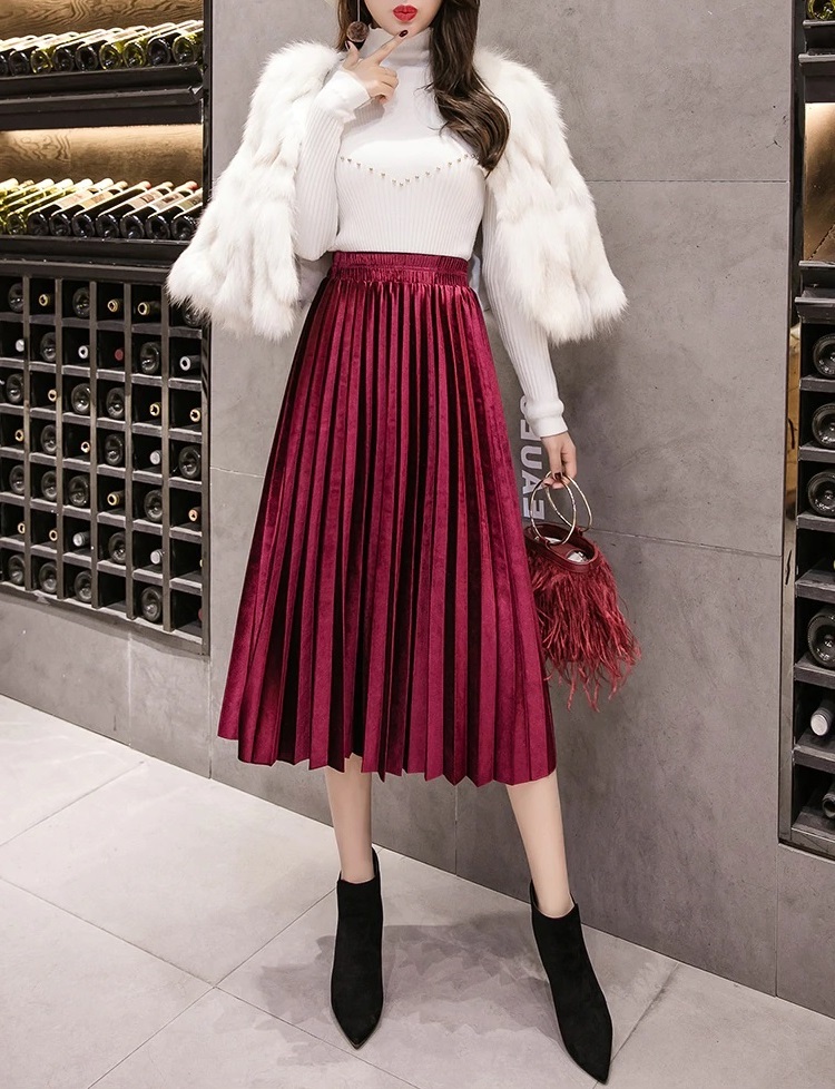 New wine red pleated velvet midi length women skirt metallic autumn fall winter