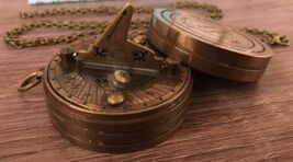 NauticalMart Antique Finish Brass Sundial Compass W/Chain & Velour Bag image 2