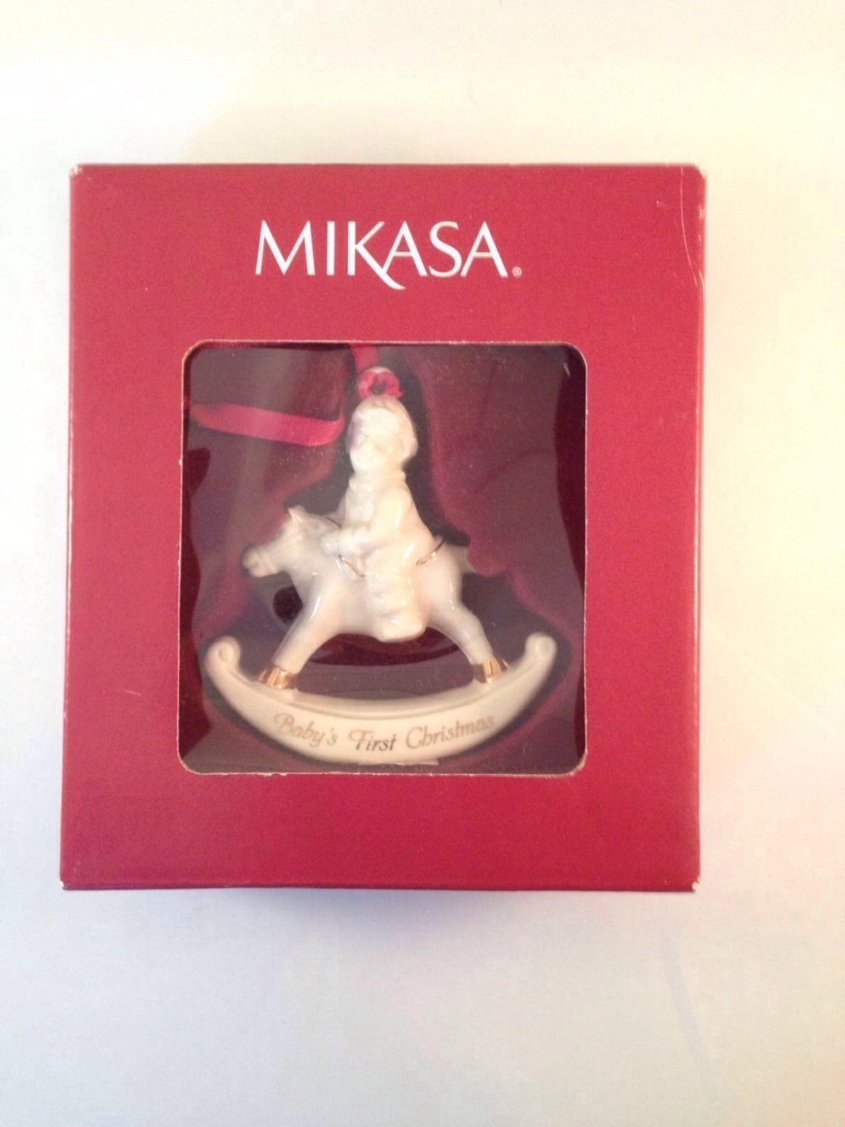 Primary image for Used Mikasa Baby's xmas Rocking Horse Ornament in Original Box First Christmas