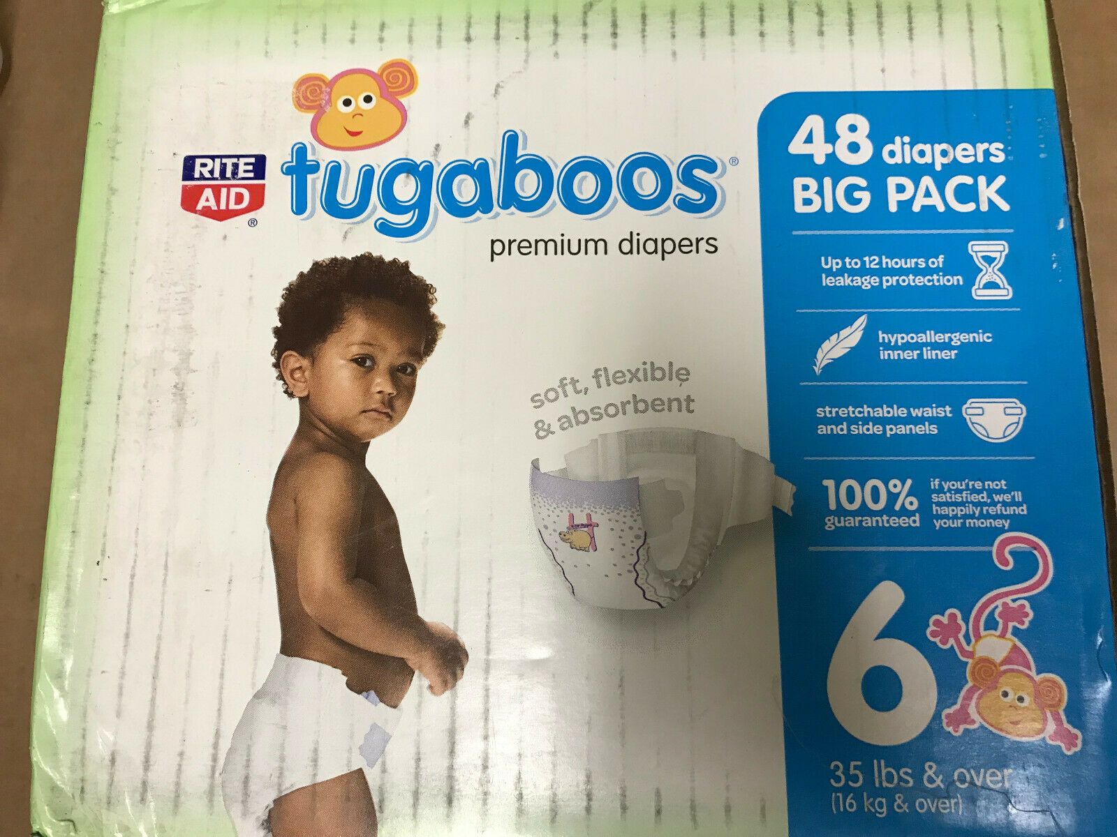 Rite Aid Tugaboos Premium Diapers, Big Pack, Size 6, 48ct (35lbs & Over