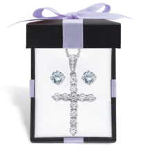 Round Cz Stud Earrings Cross Necklace Set Sterling Silver With Gift Box - $94.99