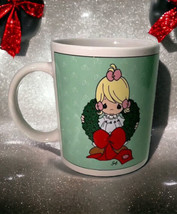 Precious Moments Christmas Mug Girl Blonde Hair White Dress Red Flowers Gift - $18.69