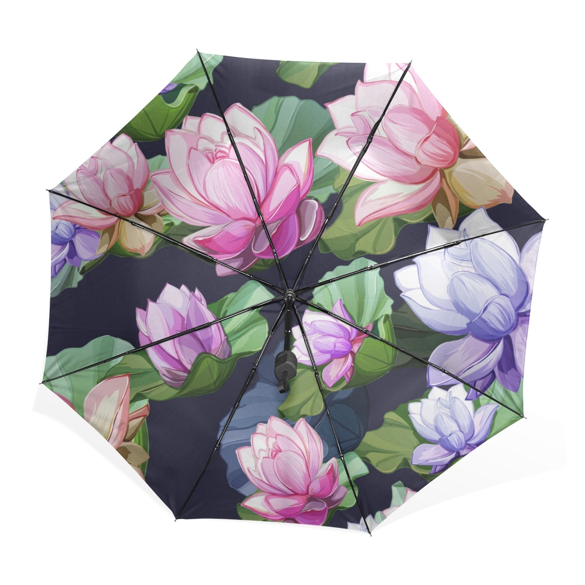 Painted Lotus Summer Flower Black Portable Compact Folding Umbrella ...