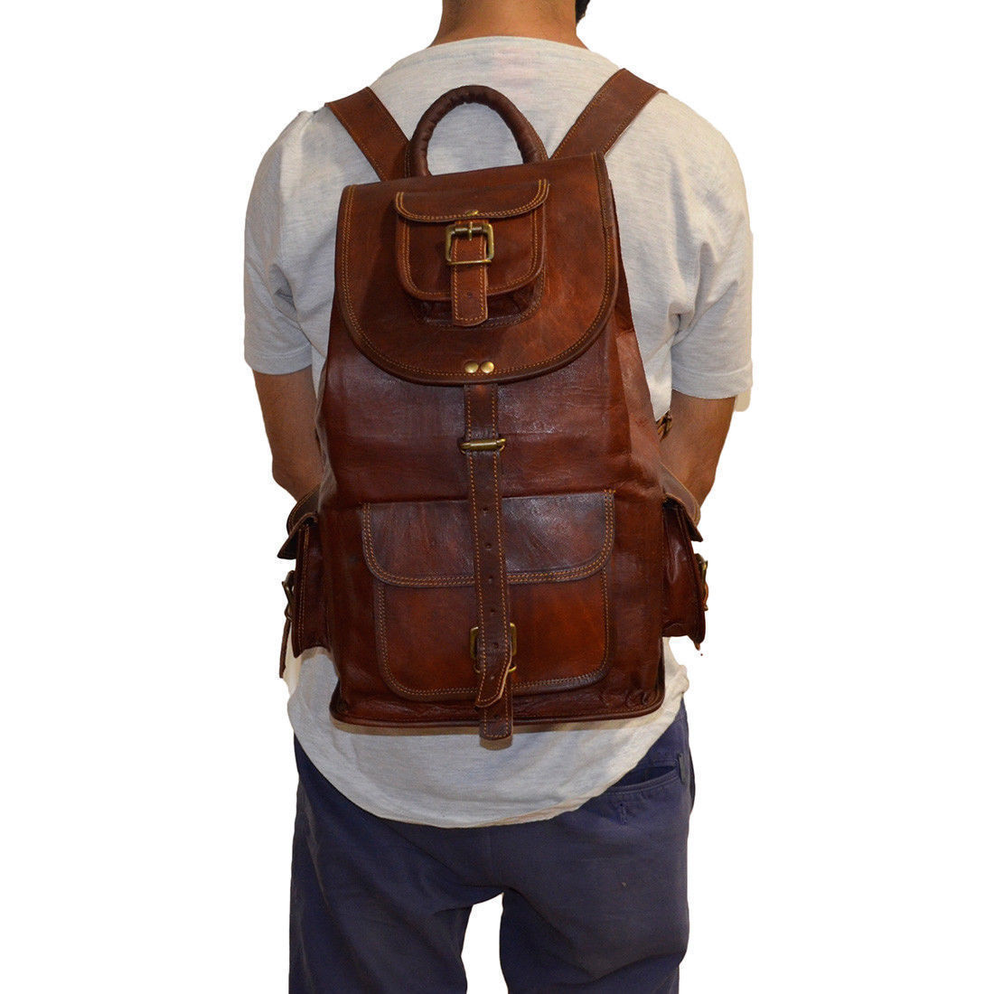 Indian Genuine Leather Backpack Pithu Rucksack Travel Bag For Men's and