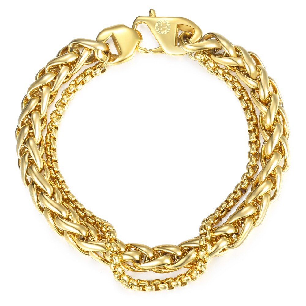 Hip Hop Men's Bracelet Double Chain Stainless Steel Wheat Box Chain Bracelet Mal