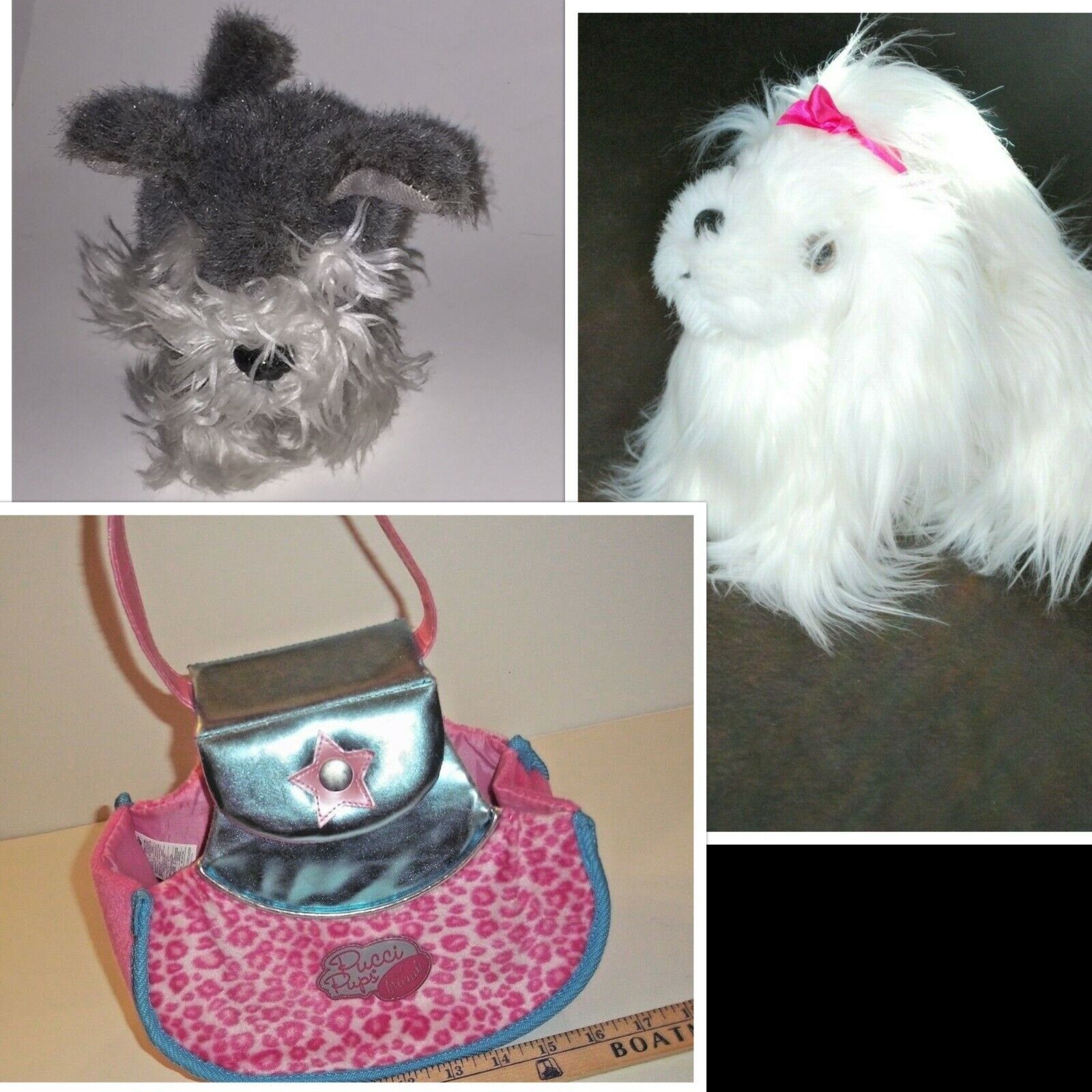 BATTAT Pucci Pup Gray SCHNAUZER & White Puppy Long Hair Pink Ribbon Bow. Carrier - $16.00