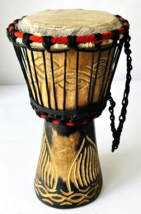 Djembe African Drum Ethnic Music Hand Carved Wood &amp; Goat Skin 11.75&quot; Tall - $67.72
