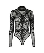 Jewel Bat Womens Bodysuit Gothic Occult Witchy Black Long Sleeve Top Vel... - $56.38