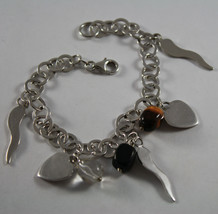 .925 Rhodium Silver Bracelet With Tiger's Eye, Black Onyx , Cristal And Charms - $69.30