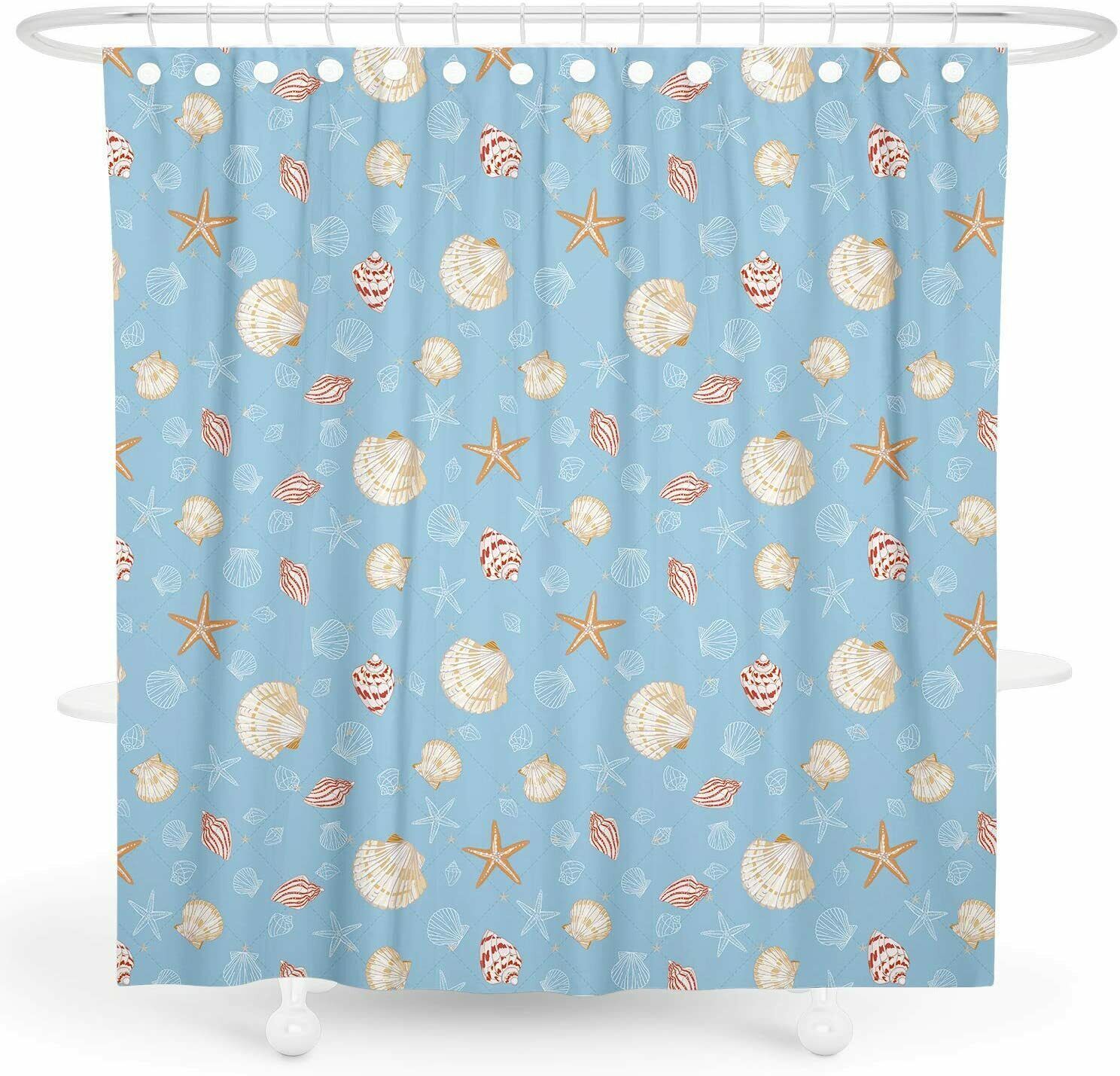 Blue Beige Seashell Coastal Decor Nautical Cottage Pretty Fabric Shower