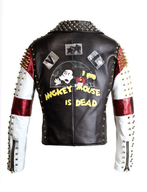 Dead Handmade Multi Color Studded Patches Leather Jacket MICKEY MOUSE IS DEAD