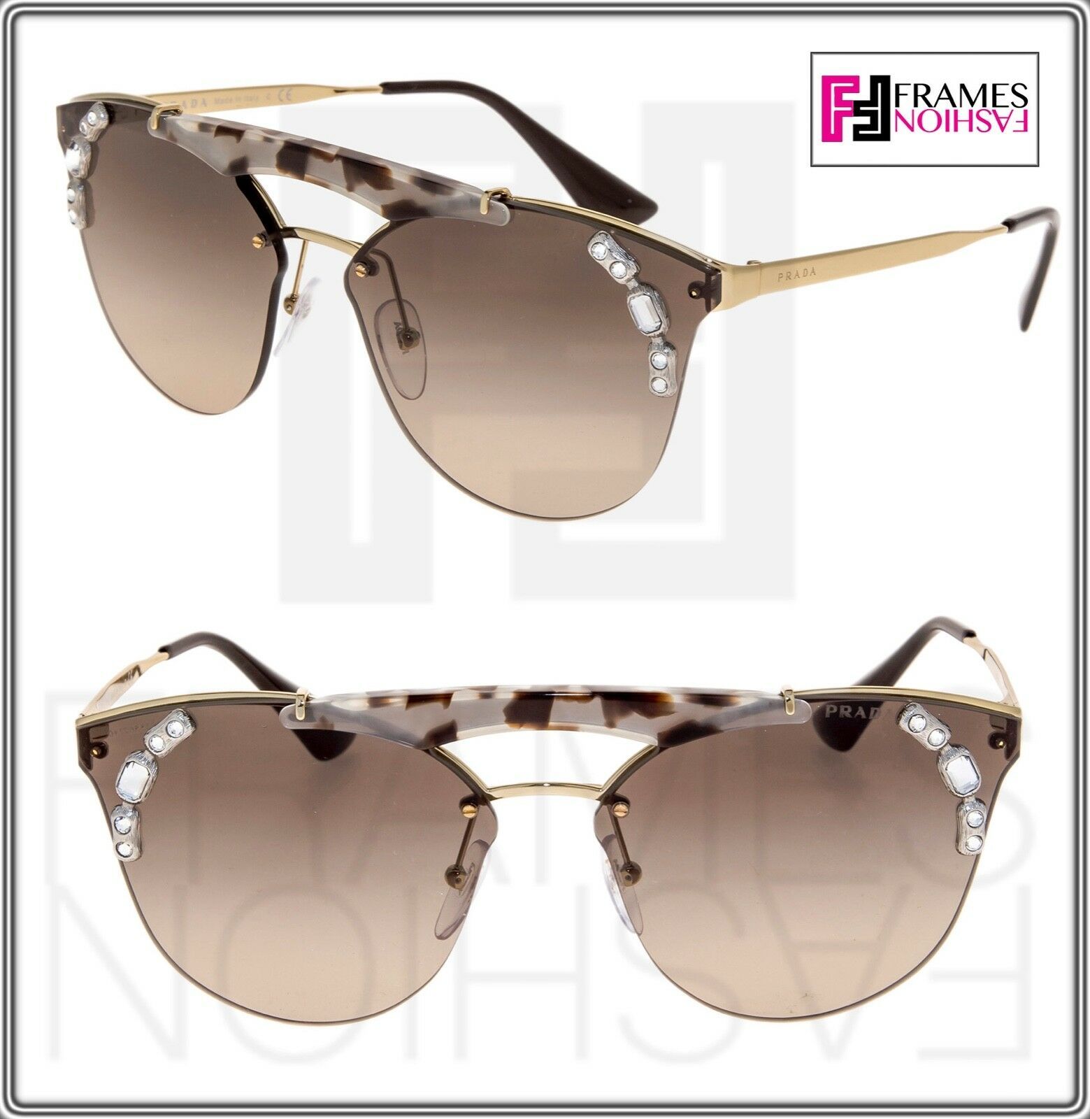 PRADA 53U ORNATE Shield Brow Bar Jewel Sunglasses Gold Chalk White Brown PR53US