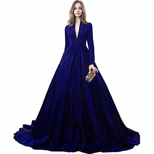 Kivary Plus Size Long Sleeves Beaded V Neck Evening Gown Prom Dress Royal Blue U